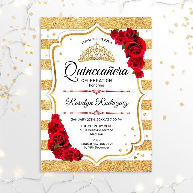 Convite Quinceanera - Dourado Branco Vermelho (Criador carregado)