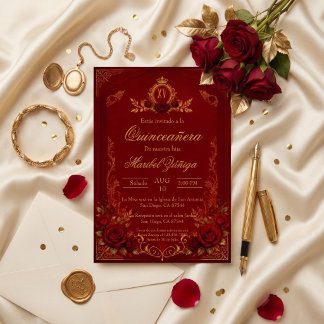 Convite Quinceañera dourado burgundy com rosas vermelhas