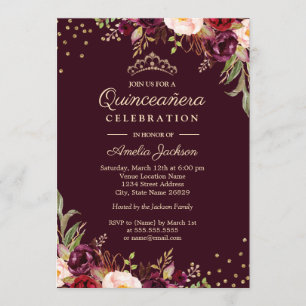 Convite Quinceanera Dourado Burgundy floral Brilho