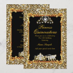 Convite Quinceanera Dourado Carruagem Preta Cavalo Conto d