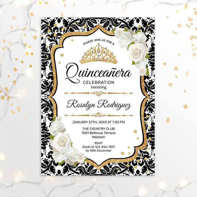 Convite Quinceanera - Dourado Damasco Preto Branco (Criador carregado)