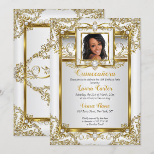 Convite Quinceanera Dourado Pérola Branca Damask Foto Aniv