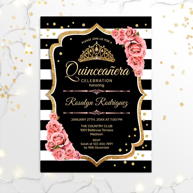 Convite Quinceanera - Dourado Preto - Cor-de-rosa (Criador carregado)