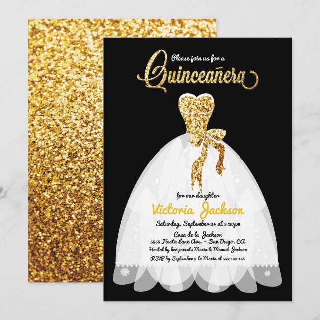 Convite Quinceañera, Dourado preto-e-branco (Frente/Verso)