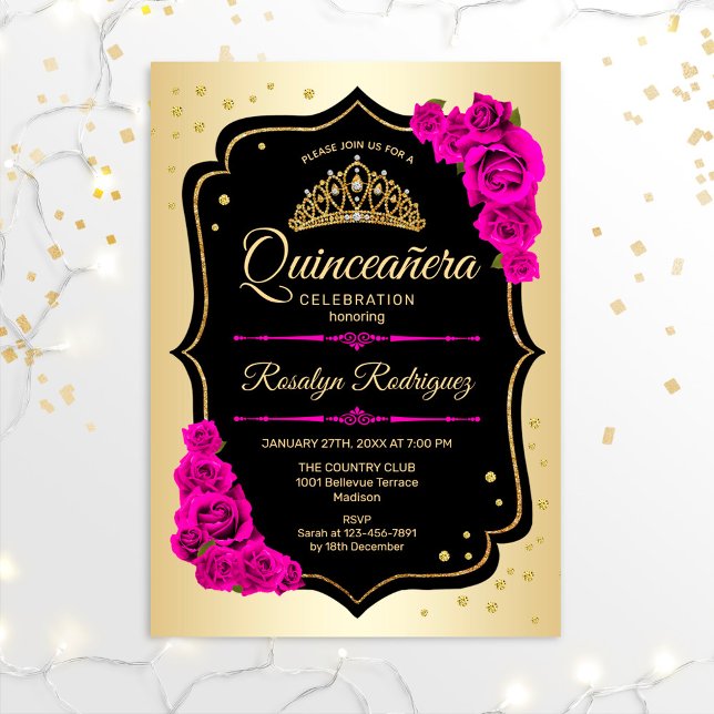 Convite Quinceanera - Dourado Preto Rosa (Criador carregado)