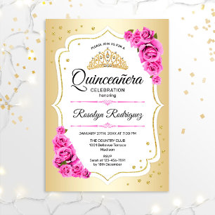 Convite Quinceanera - Dourado Rosa Branco
