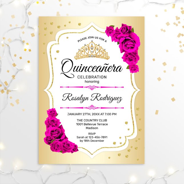 Convite Quinceanera - Dourado Rosa Branco (Criador carregado)