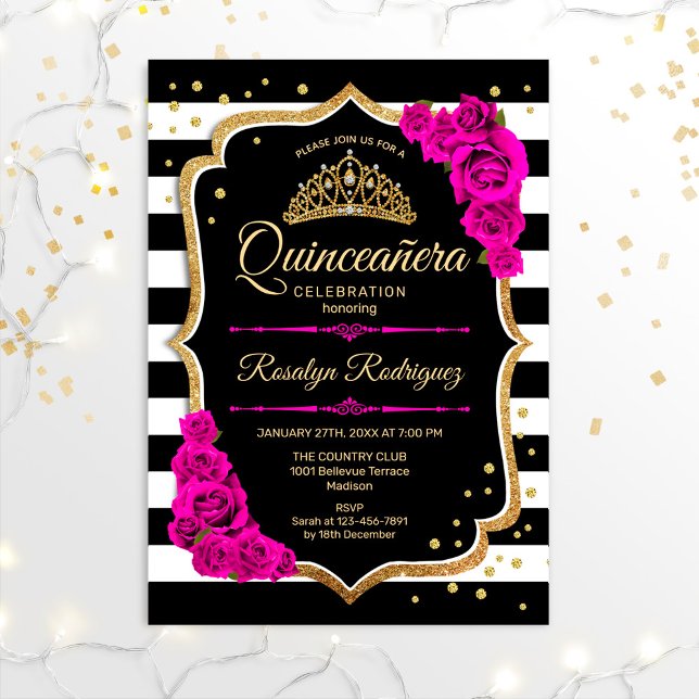Convite Quinceanera - Dourado Rosa Preto (Criador carregado)