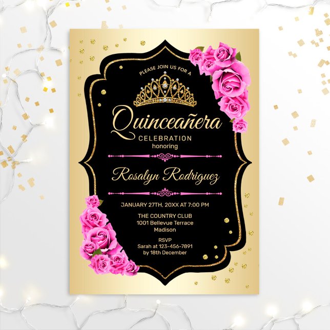 Convite Quinceanera - Dourado Rosa Preto (Criador carregado)