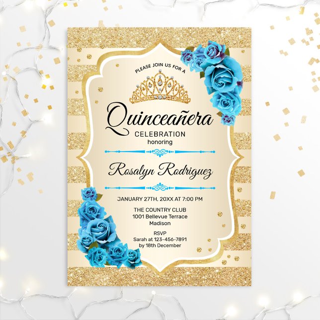 Convite Quinceanera - Dourado Stripes Azul (Criador carregado)