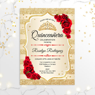Convite Quinceanera - Dourado Stripes Vermelho