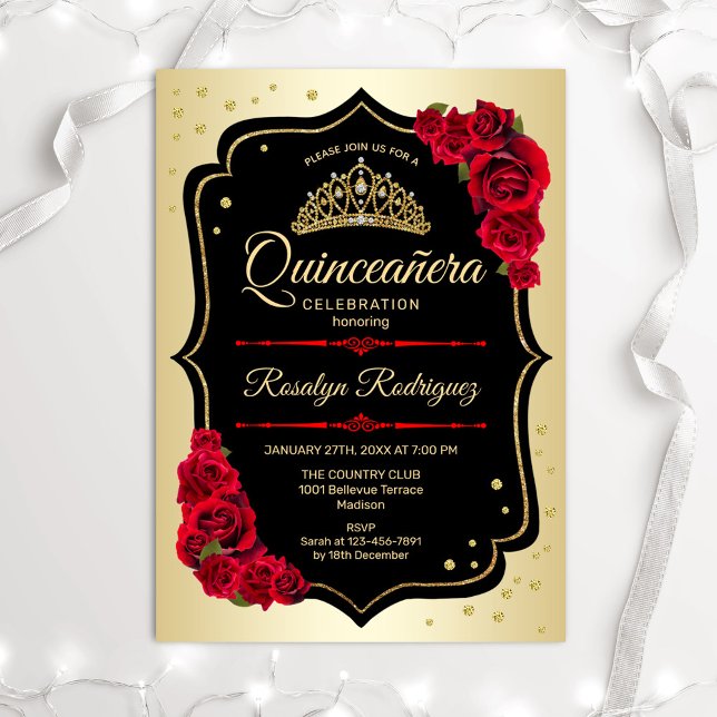 Convite Quinceanera - Dourado Vermelho Negro (Criador carregado)