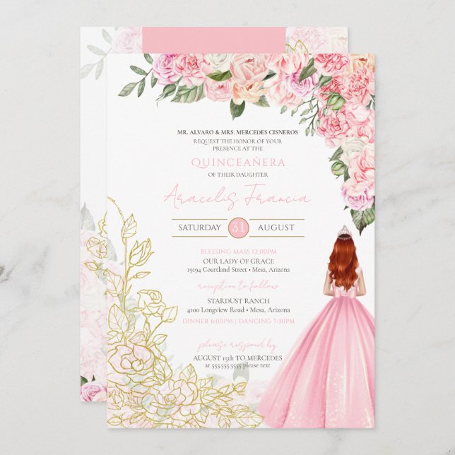 Convite Quinceanera, Dourado Vestido Floral Bonito Elegant (Frente/Verso)
