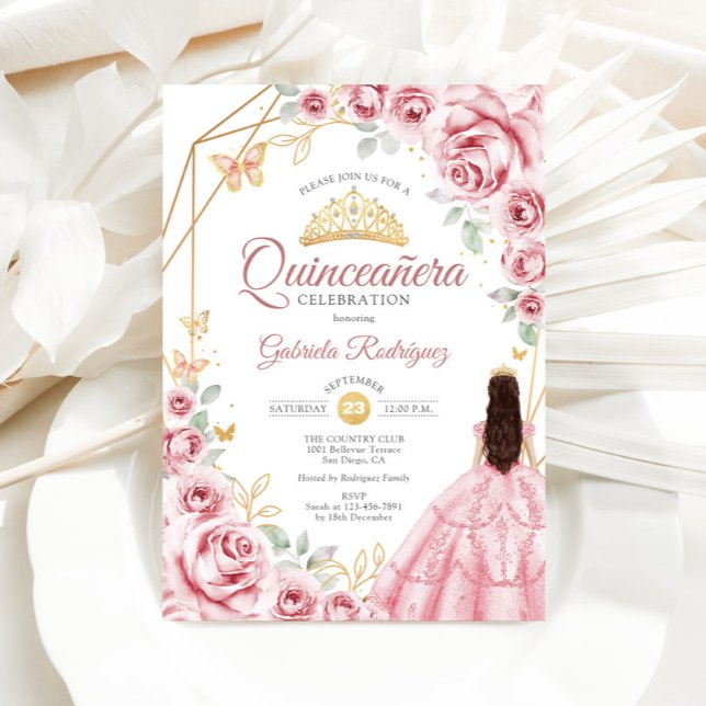 Convite Quinceanera Dourado Vestido Rosa (Criador carregado)