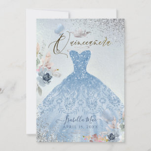 Convite Quinceanera Dusty Blue Glitter Borboletas