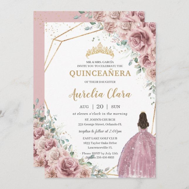 Convite Quinceañera Dusty Rosa Floral Princesa Gown Dourad (Frente/Verso)