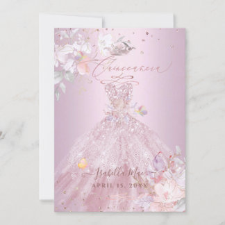 Convite Quinceanera Dusty Rosa Glitter Gown Ervilhas doces