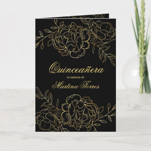Convite Quinceanera e floral preto e dourado para missa