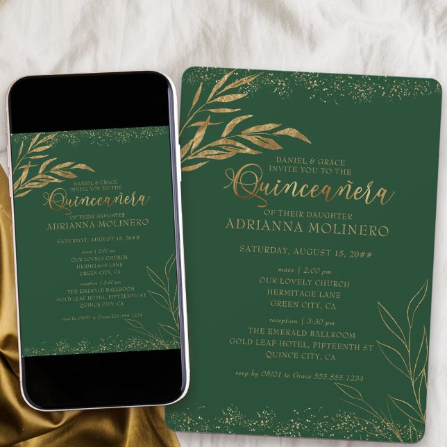Convite Quinceanera e Folha Verde e Dourada Elegante de Ma (Church ceremony and Quinceanera invitation in emerald green from my Gold Leaf Collection
)