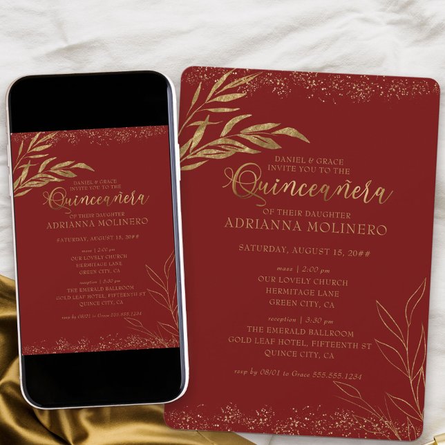 Convite Quinceanera e Folha Vermelha e Dourada (Elegant invitation to Quinceanera and church ceremony in red and gold from my Gold Leaf Collection)