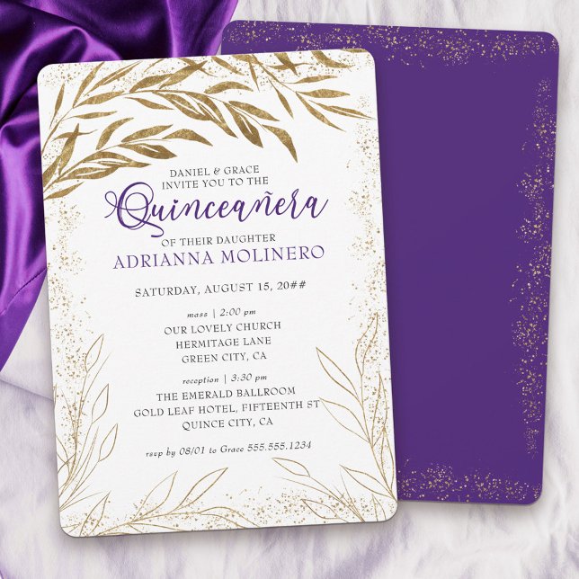 Convite Quinceanera e luxo de massa Folhas roxas e Dourada (Elegant invitation to Quinceanera & church blessing white, purple and gold - my Gold Leaf Collection)
