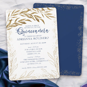 Convite Quinceanera e Luxo Maciço Folhas Douradas Azul Rea