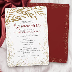 Convite Quinceanera e luxooso vermelho e dourado das folha