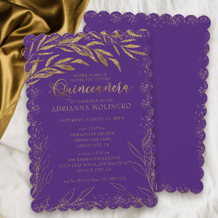 Convite Quinceanera e luxuoso roxo e dourado com folhas
