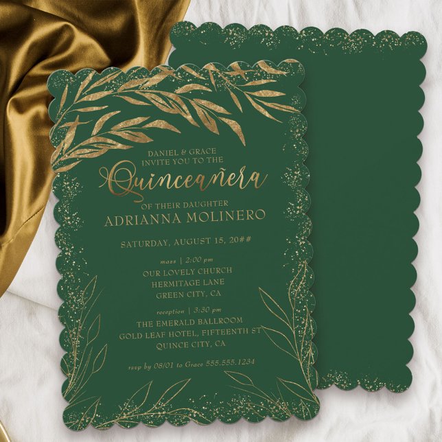 Convite Quinceanera e Massa Emerald Green e Folhas Dourada (Elegant Quinceanera & religious ceremony invitation in emerald green from my Gold Leaf Collection)
