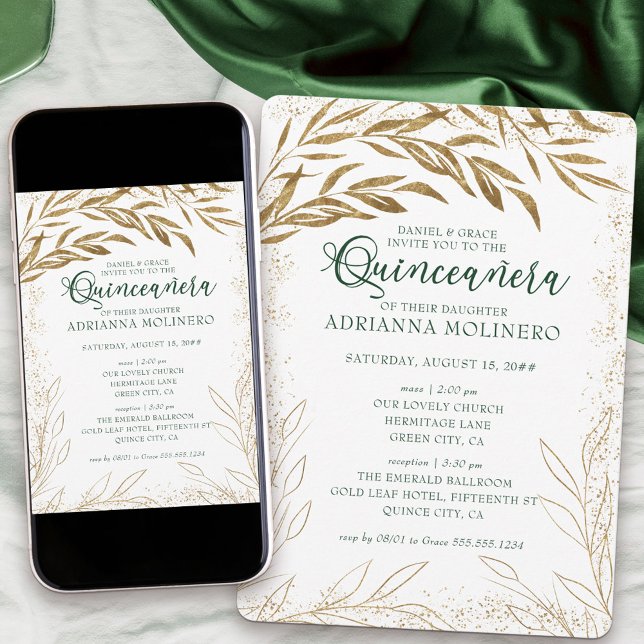 Convite Quinceanera e massas Elegantes, Folhas Verdes e Do (decorated on both sides and available professionally printed or as a printable download)