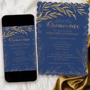 Convite Quinceanera e Missa Azul Real e Folhas Douradas