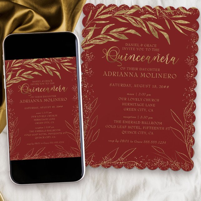 Convite Quinceanera e Missa Folhas Vermelhas e Douradas (Elegant invitation to Quinceanera and church ceremony in red and gold from my Gold Leaf Collection)