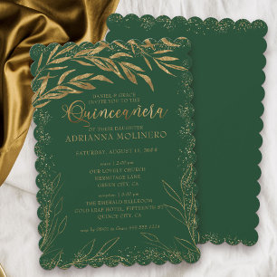 Convite Quinceanera e Missa Verde Esmeralda e Folhas Doura