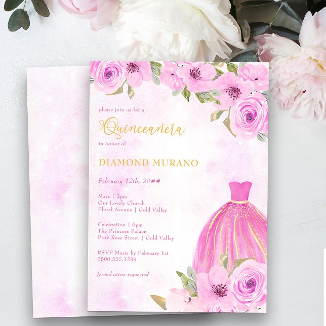 Convite Quinceanera e Princesa Floral Dourada, Rosa e Mass (Quinceanera Mass and Reception Invitation from my Galaxy Floral Princess Quinceanera collection)