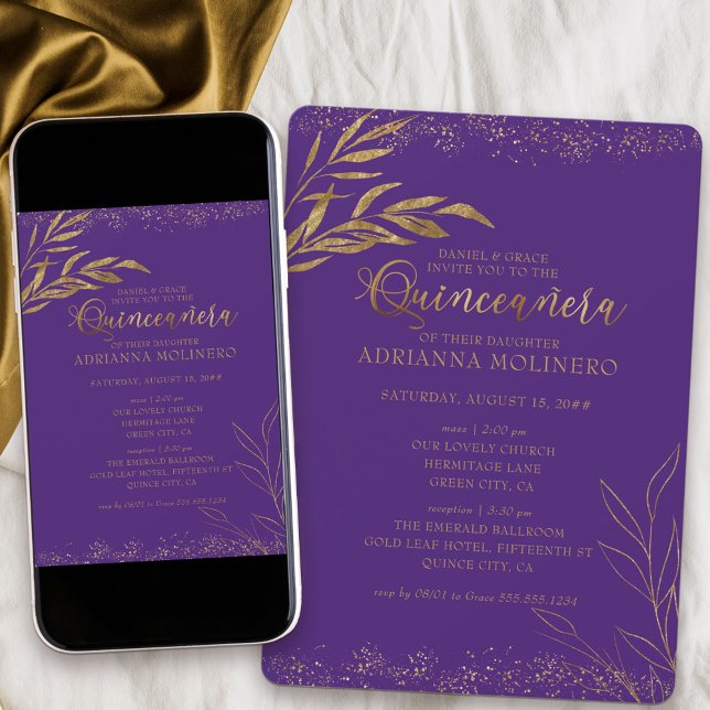 Convite Quinceanera e Roxo Elegante e Folha Dourada (Elegant invitation to Quinceanera and church ceremony in purple from my Gold Leaf Collection)