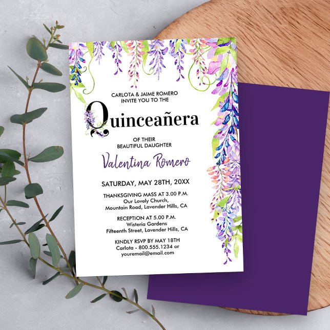 Convite Quinceanera e Wisteria Floral Roxo em Massa (Quinceanera and Mass Invitation from my Purple Wisteria Quinceanera Collection
)