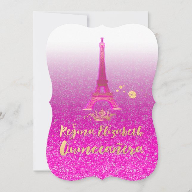Convite Quinceanera/Eiffel/Neon Pink/Princess/Crown (Frente)