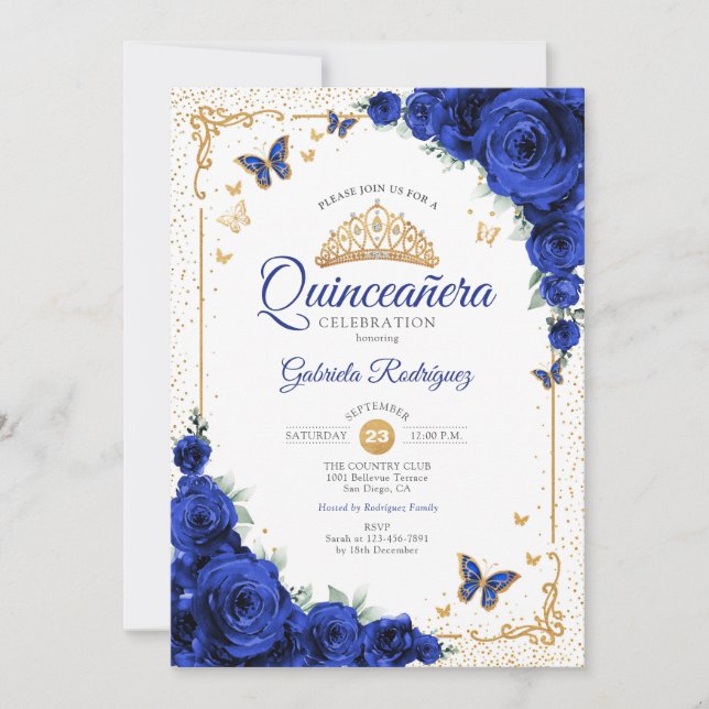 Convite  Quinceanera Elegant Chic Royal Blue Roses Gold (Frente)