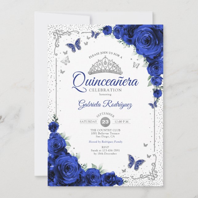 Convite  Quinceanera Elegant Chic Royal Blue Roses Silver (Frente)