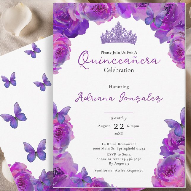 Convite Quinceanera Elegant Purple Floral Tiara XV 15 (Criador carregado)