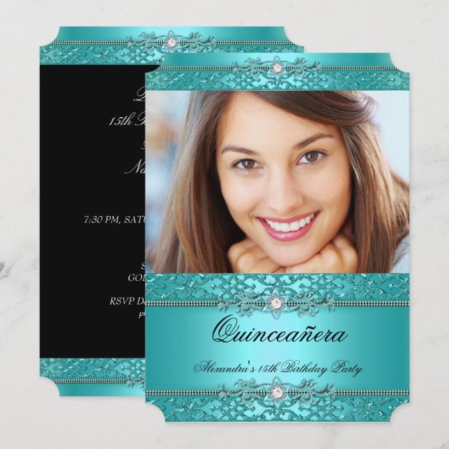 Convite Quinceanera Elegant Teal Blue Diamond Foto (Frente/Verso)