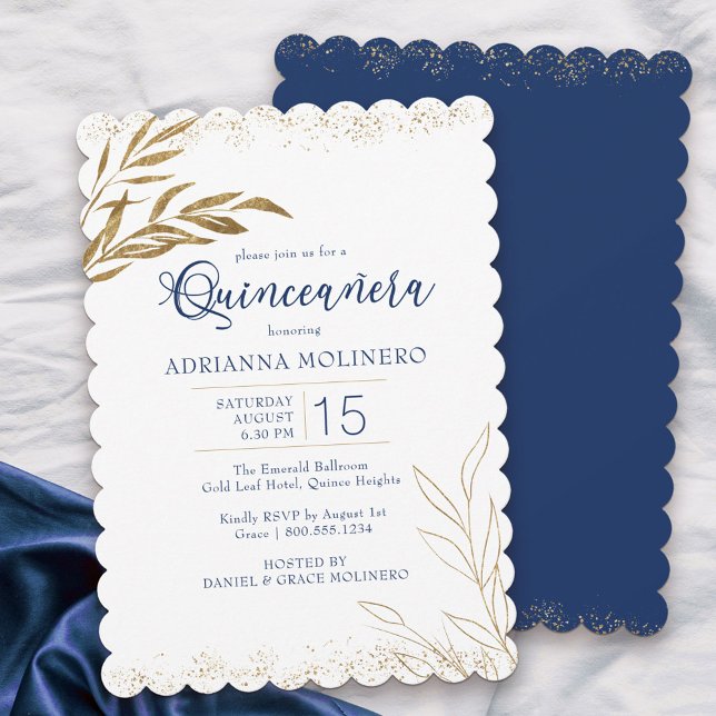 Convite Quinceanera Elegante Blue e Folha Dourada (Modern Quinceanera invitation in white, blue and gold from my Gold Leaf Collection
)