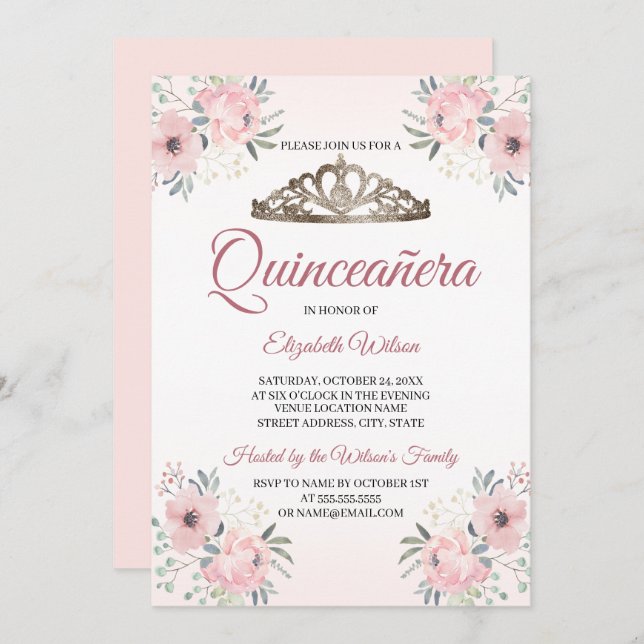 Convite Quinceânera Elegante Blush Rosa (Frente/Verso)