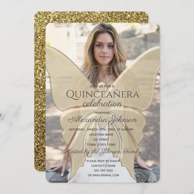 Convite Quinceanera Elegante Borboleta Dourada Foto Glitte (Frente/Verso)
