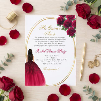 Convite Quinceañera Elegante Borgonha e Dourado