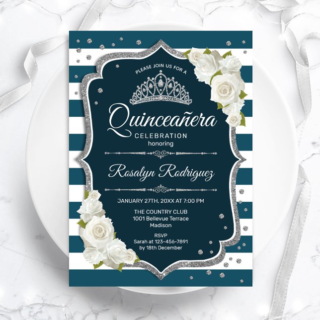 Convite Quinceanera Elegante Branca de Teal Silver (Criador carregado)
