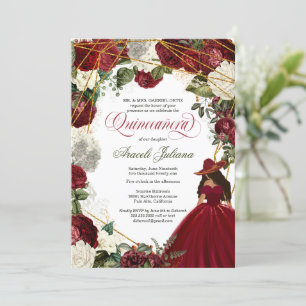 Convite Quinceanera elegante charro burgundy floral branco