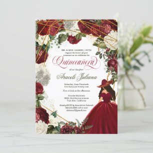 Convite Quinceanera elegante charro burgundy floral branco
