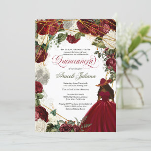 Convite Quinceanera elegante charro burgundy floral branco