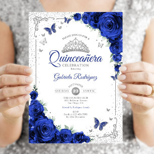 Convite Quinceanera Elegante Chique Rosas Azuis Reais Prat